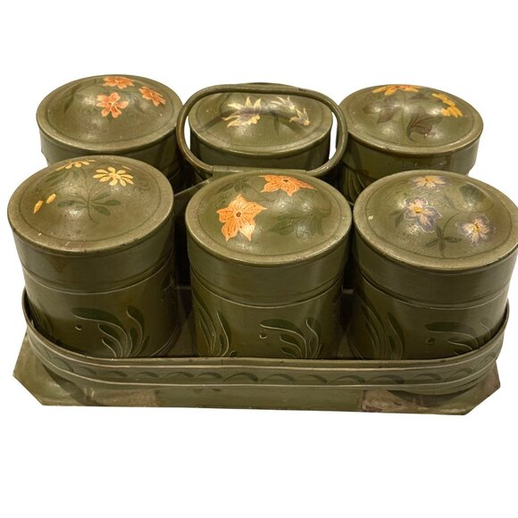 Vintage Primitive Toleware Metal Spice Canister Caddy Set Painted Floral Design - Picture 1 of 12
